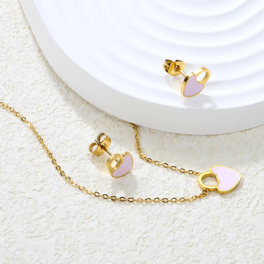 ✨💖 Romantic Heart Enamel Set: Earrings + Pendant | Gold Stainless Steel Wholesale
