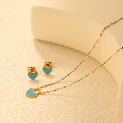 ✨💖 Romantic Heart Enamel Set: Earrings + Pendant | Gold Stainless Steel Wholesale