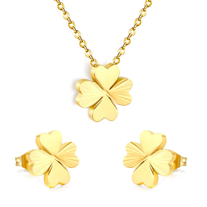 ✨ Wholesale Clover Set: 11.7x12mm Earrings + 12x13.6mm Pendant w/ Cross Chain | Gold | Hypoallergenic