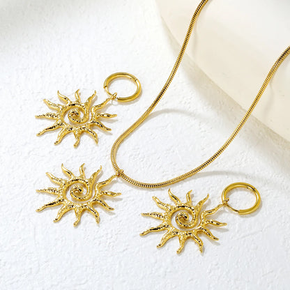 ☀️Hollow Spiral Sun Earrings & Pendant Set Gold Stainless Steel Boho Jewelry | 20mm Studs, 37mm Necklace, 40+5cm Chain | Wholesale