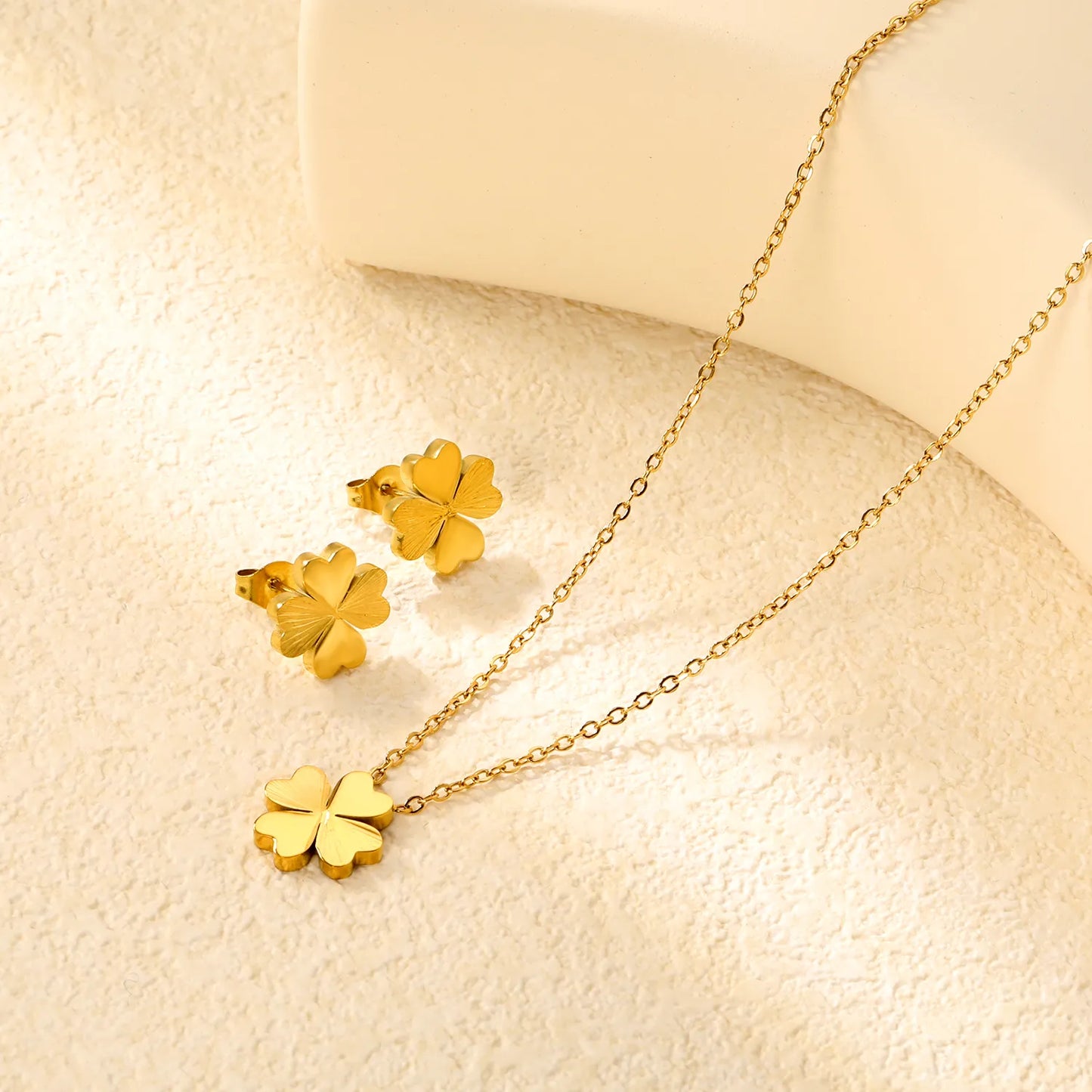 ✨ Wholesale Clover Set: 11.7x12mm Earrings + 12x13.6mm Pendant w/ Cross Chain | Gold | Hypoallergenic