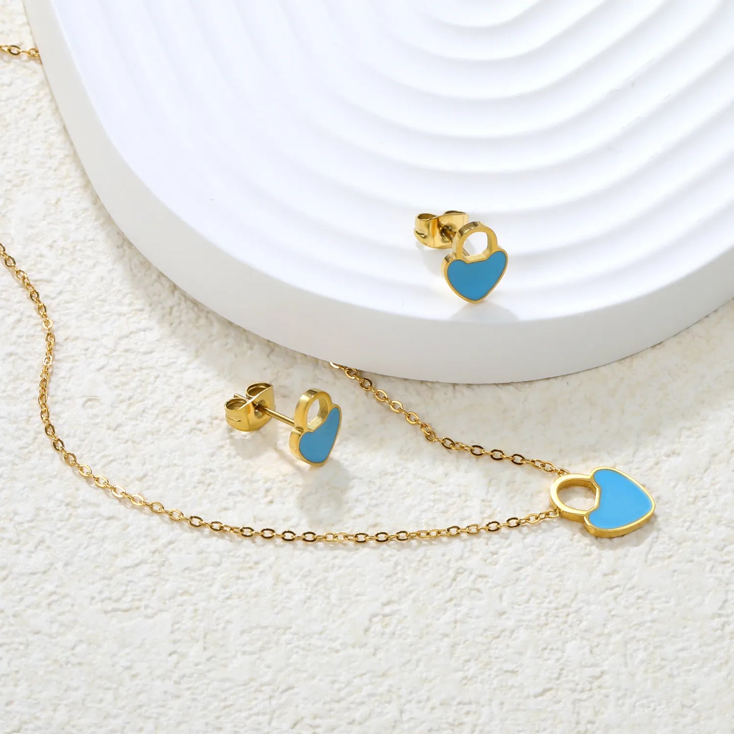 ✨💖 Romantic Heart Enamel Set: Earrings + Pendant | Gold Stainless Steel Wholesale