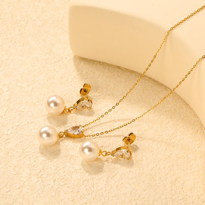 ✨💎 Teardrop Zirconia & Pearl Set: Earrings + Pendant | Gold Stainless Steel Jewelry Wholesale