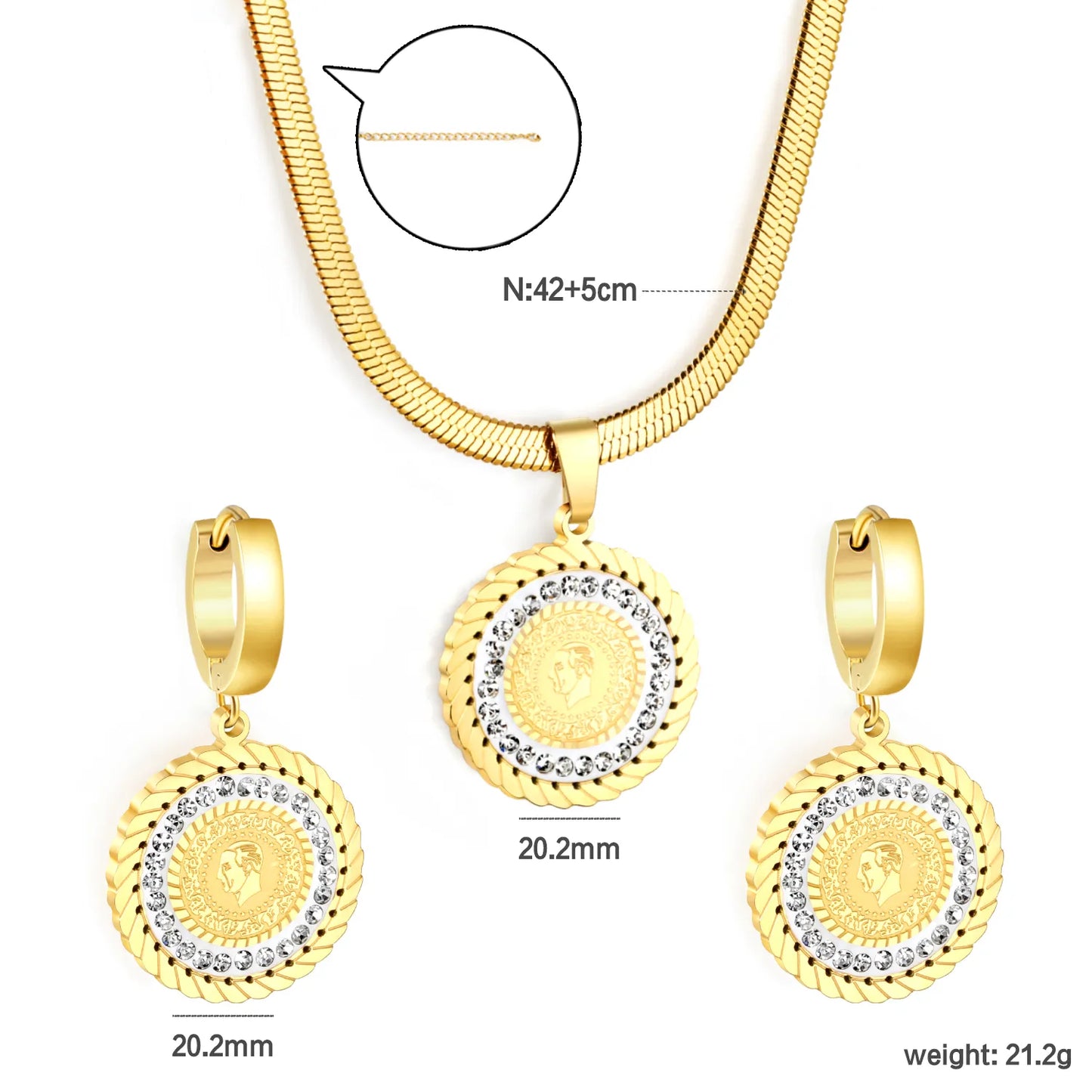 ✨Round Portrait Medallion Set Gold Stainless Steel Earrings & Pendant | 20.2mm Boho Coin Jewelry + 42+5cm Chain | Wholesale