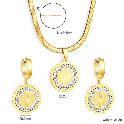 ✨Round Portrait Medallion Set Gold Stainless Steel Earrings & Pendant | 20.2mm Boho Coin Jewelry + 42+5cm Chain | Wholesale