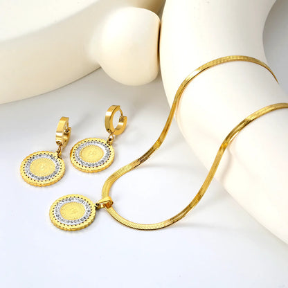 ✨Round Portrait Medallion Set Gold Stainless Steel Earrings & Pendant | 20.2mm Boho Coin Jewelry + 42+5cm Chain | Wholesale