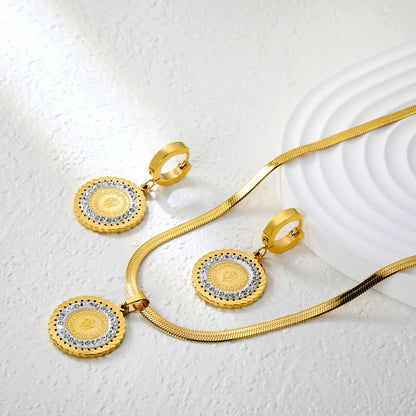 ✨Round Portrait Medallion Set Gold Stainless Steel Earrings & Pendant | 20.2mm Boho Coin Jewelry + 42+5cm Chain | Wholesale