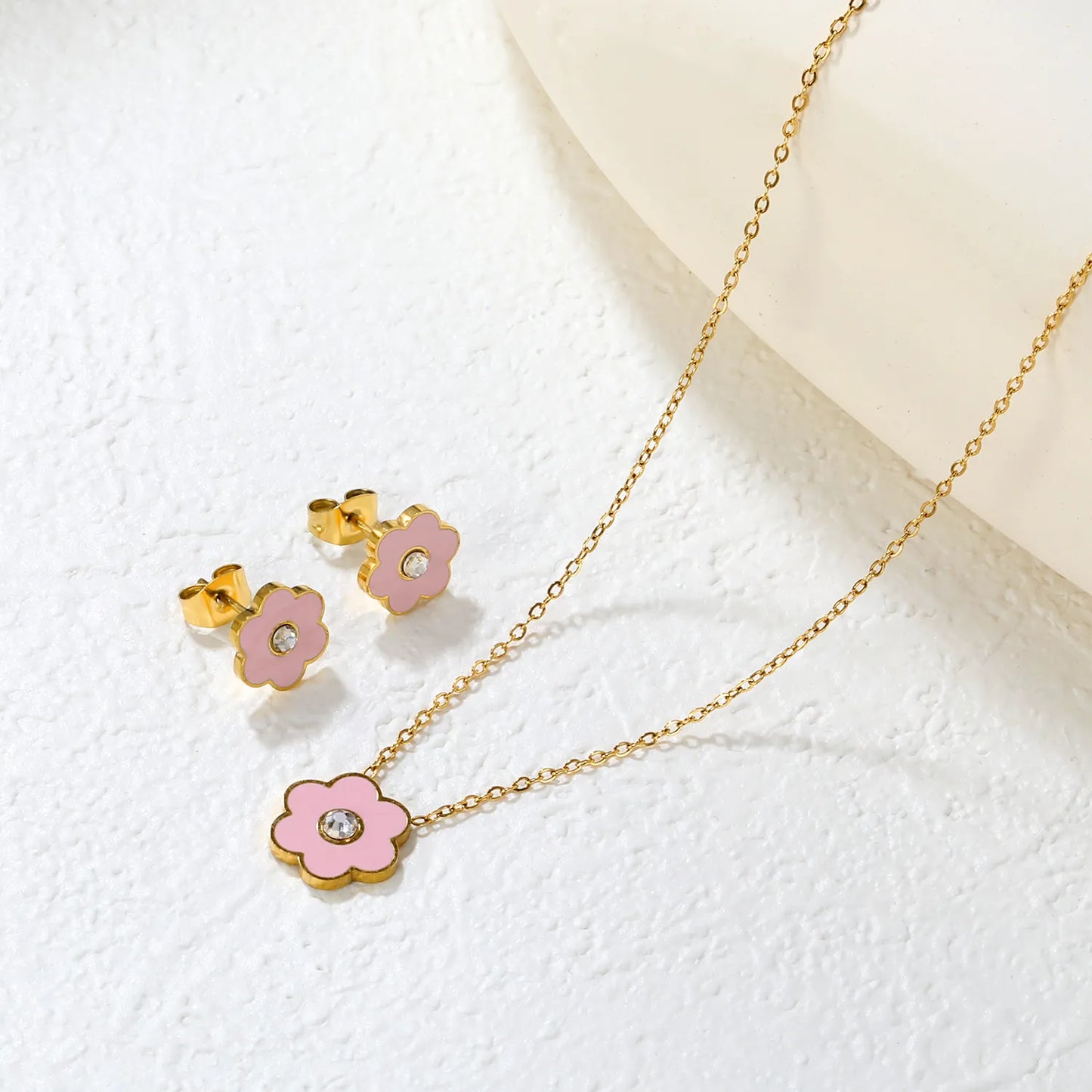 🌸Light Blue Pink Floral Resin Diamond Earrings & Pendant Set Gold Stainless Steel Studs + 40cm Chain | Wholesale Boho Jewelry