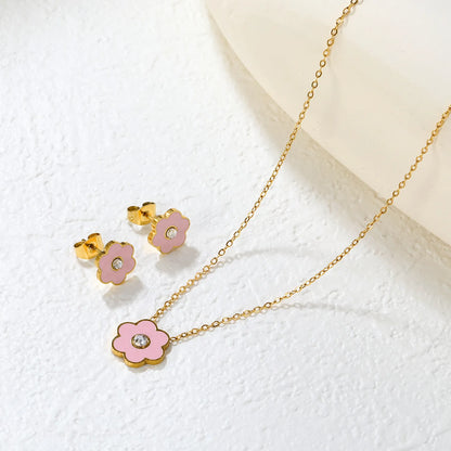 🌸Light Blue Pink Floral Resin Diamond Earrings & Pendant Set Gold Stainless Steel Studs + 40cm Chain | Wholesale Boho Jewelry