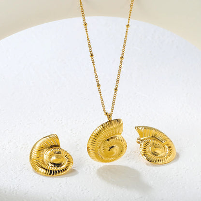 🌊 Gold Seashell Earring & Pendant Set Stainless Steel Conch Jewelry | 28mm Earrings, 27.4mm Necklace, 40+5cm Bead Chain | Wholesale Boho