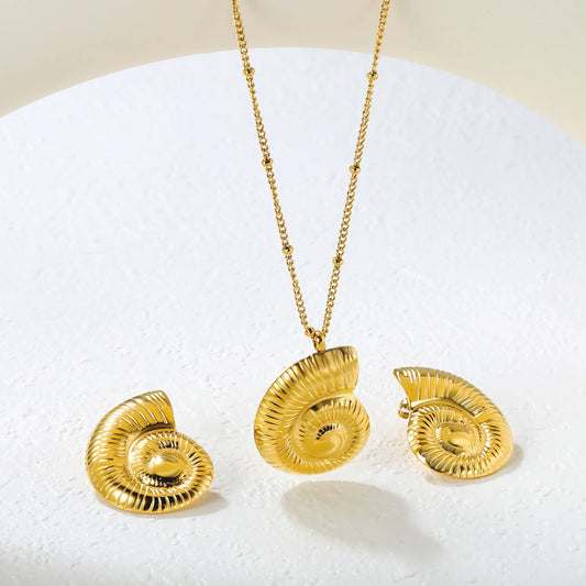 🌊 Gold Seashell Earring & Pendant Set Stainless Steel Conch Jewelry | 28mm Earrings, 27.4mm Necklace, 40+5cm Bead Chain | Wholesale Boho