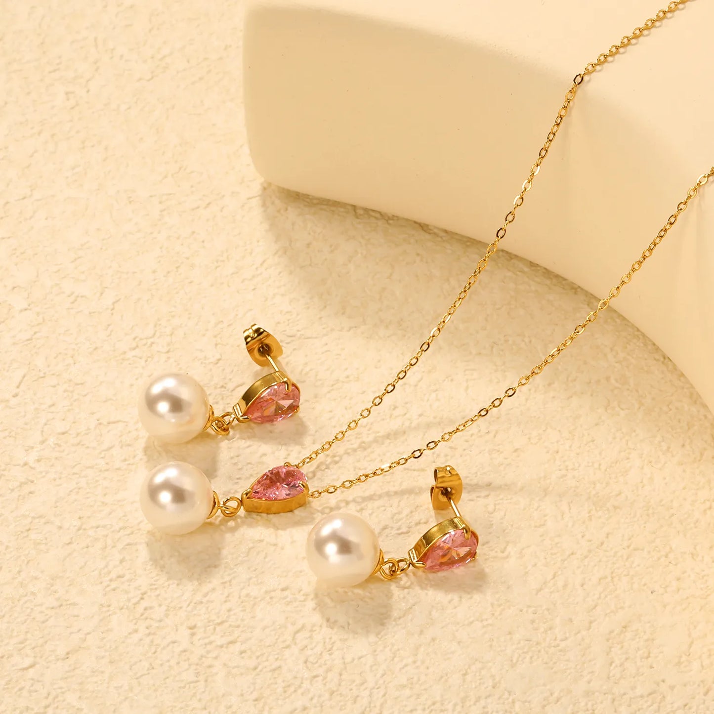 ✨💎 Teardrop Zirconia & Pearl Set: Earrings + Pendant | Gold Stainless Steel Jewelry Wholesale