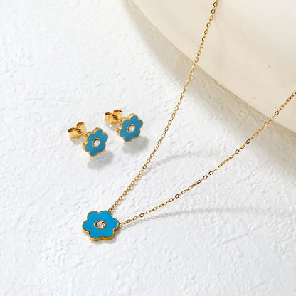 🌸Light Blue Pink Floral Resin Diamond Earrings & Pendant Set Gold Stainless Steel Studs + 40cm Chain | Wholesale Boho Jewelry