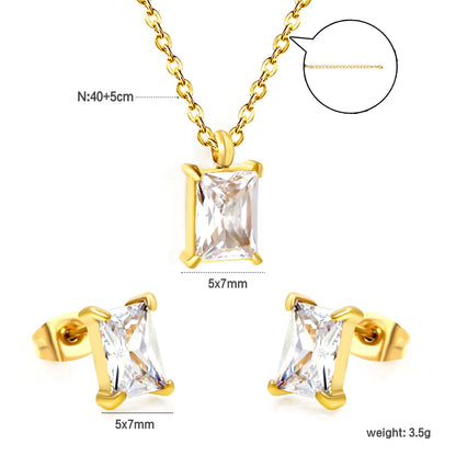 ✨ Wholesale Gold Stainless Steel Rectangle Zirconia Set | 6.1*9.4mm Earrings & Pendant | 0.3mm Twist Chain 40+5cm with 6mm Lobster Clasp