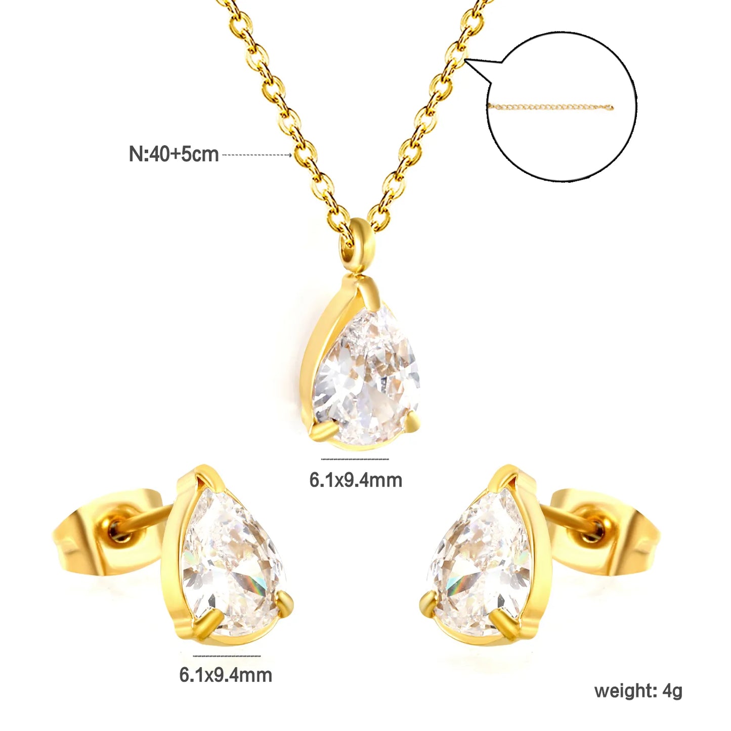 ✨ Wholesale Gold Stainless Steel Teardrop Zirconia Set | 6.1*9.4mm Earrings & Pendant | 0.3mm Twist Chain 40+5cm with 6mm Lobster Clasp