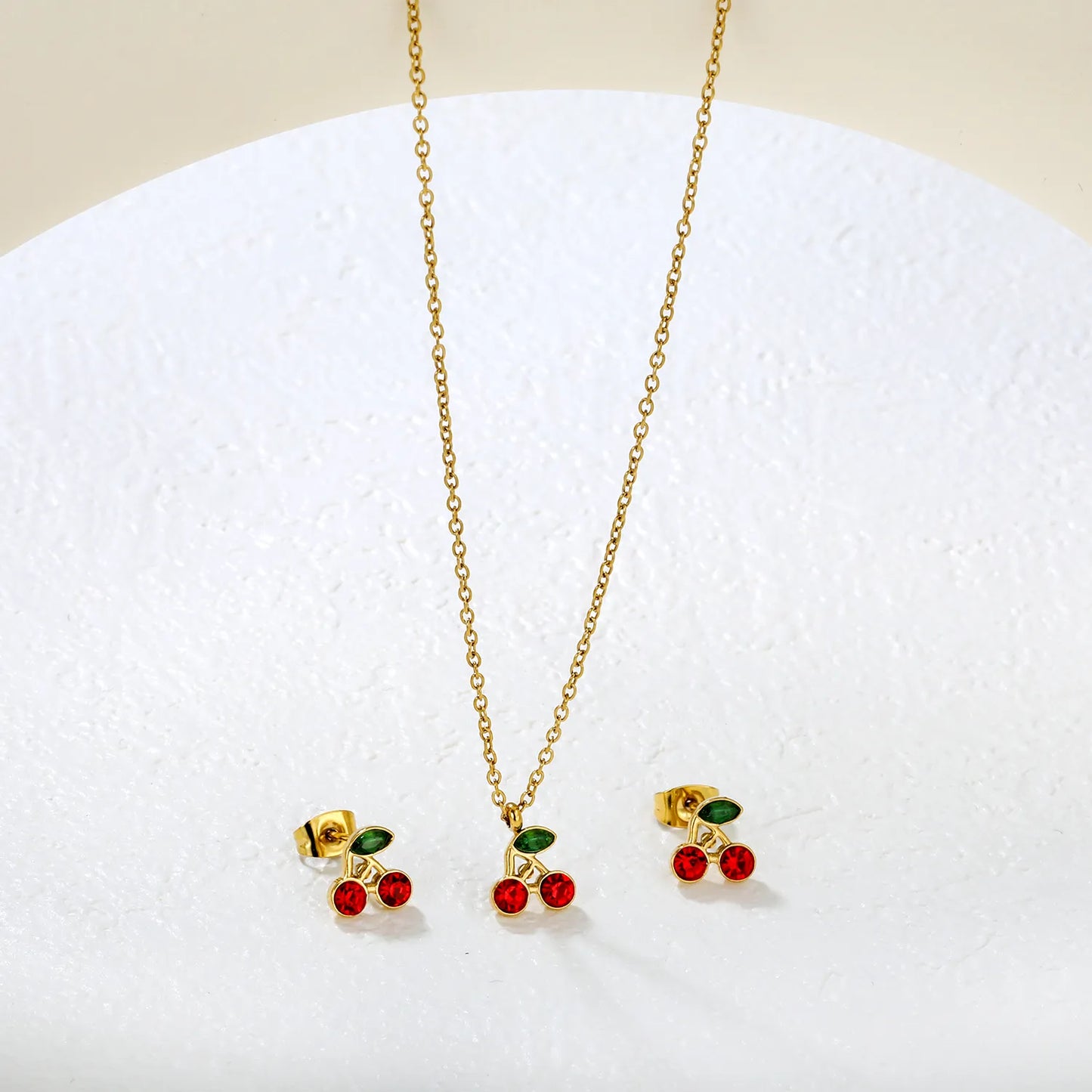 🍒 Wholesale Cherry Studs & Pendant Set | 8.5mm Gold Stainless Steel