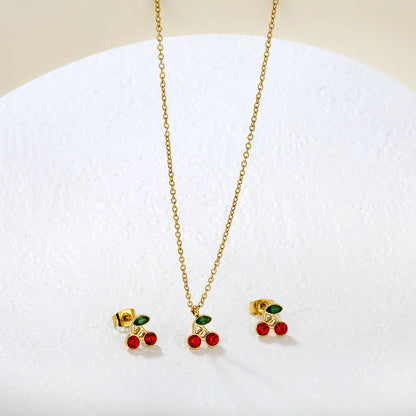 🍒 Wholesale Cherry Studs & Pendant Set | 8.5mm Gold Stainless Steel