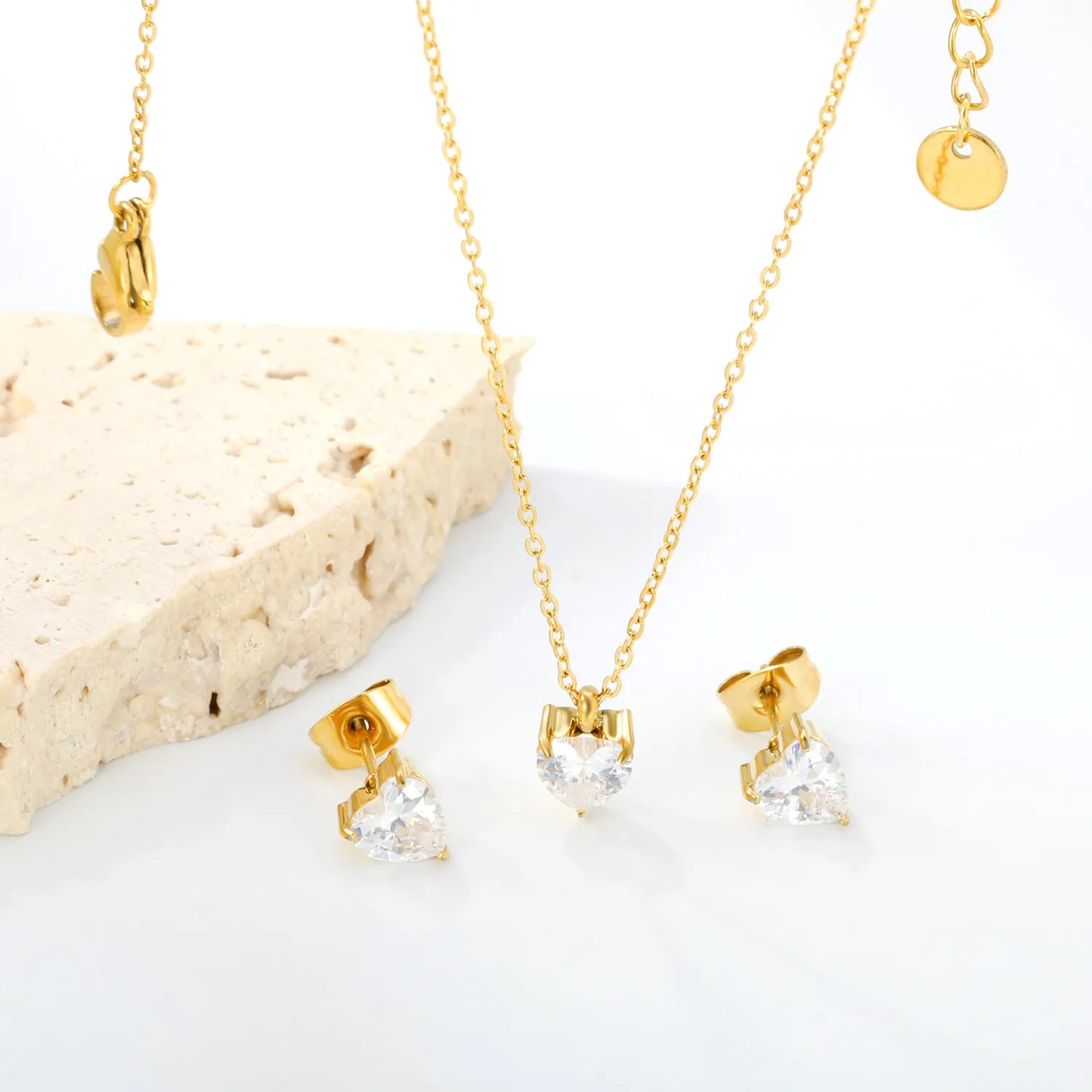 ✨ Wholesale Gold Stainless Steel Heart Zirconia Set | 6.1*9.4mm Earrings & Pendant | 0.3mm Twist Chain 40+5cm with 6mm Lobster Clasp