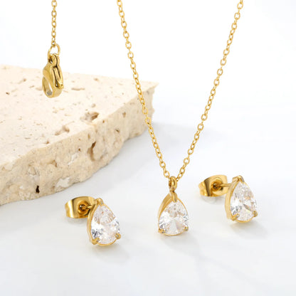 ✨ Wholesale Gold Stainless Steel Teardrop Zirconia Set | 6.1*9.4mm Earrings & Pendant | 0.3mm Twist Chain 40+5cm with 6mm Lobster Clasp