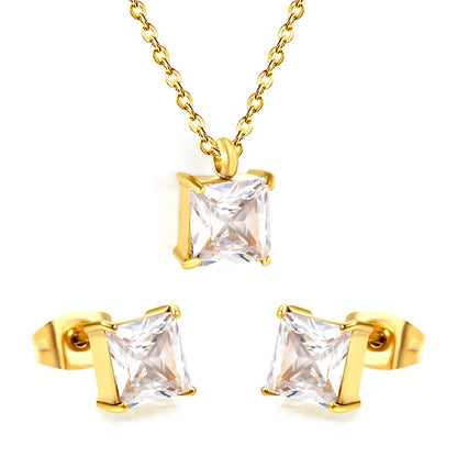 ✨ Wholesale Gold Stainless Steel Square Zirconia Set | 6.1*9.4mm Earrings & Pendant | 0.3mm Twist Chain 40+5cm with 6mm Lobster Clasp