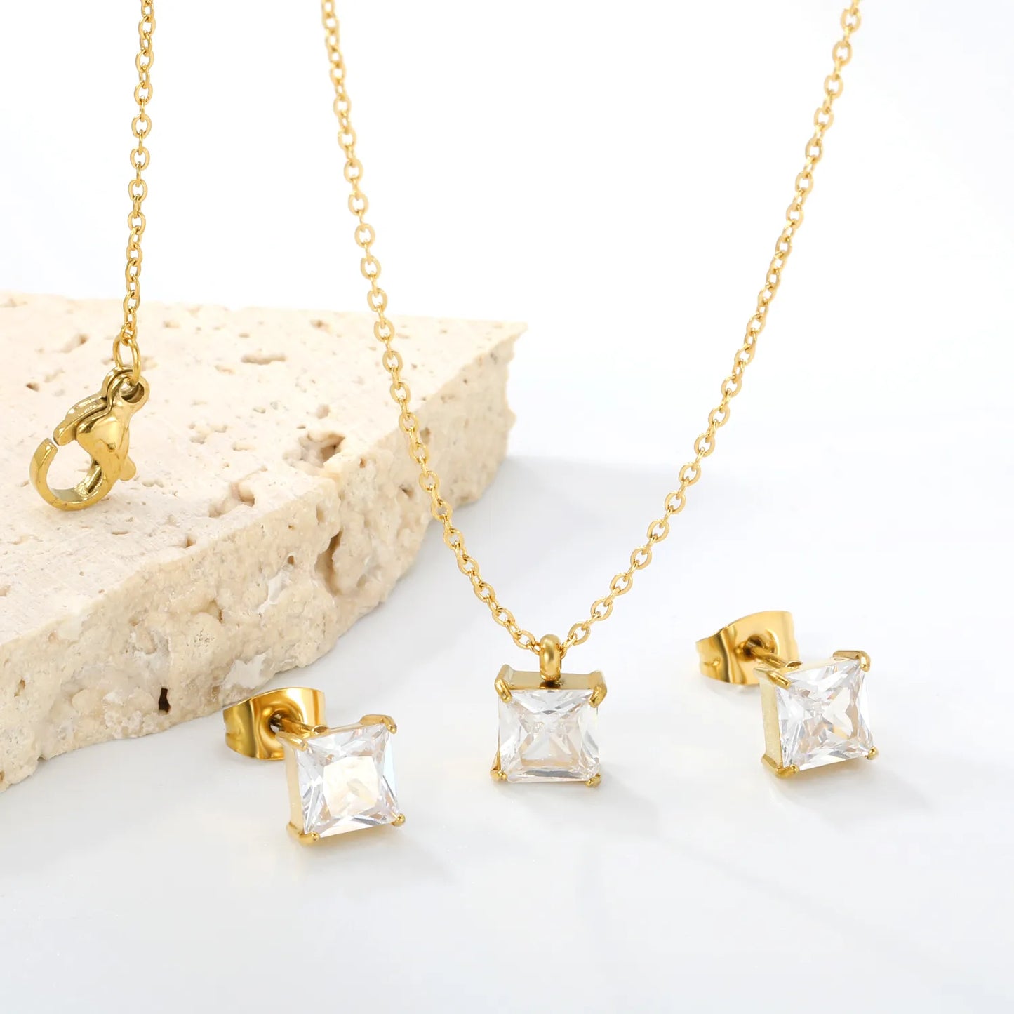 ✨ Wholesale Gold Stainless Steel Square Zirconia Set | 6.1*9.4mm Earrings & Pendant | 0.3mm Twist Chain 40+5cm with 6mm Lobster Clasp
