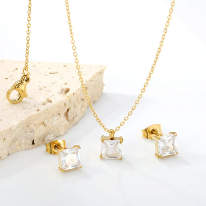 ✨ Wholesale Gold Stainless Steel Square Zirconia Set | 6.1*9.4mm Earrings & Pendant | 0.3mm Twist Chain 40+5cm with 6mm Lobster Clasp
