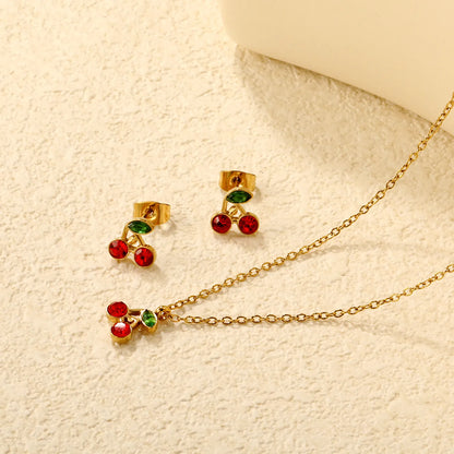 🍒 Wholesale Cherry Studs & Pendant Set | 8.5mm Gold Stainless Steel