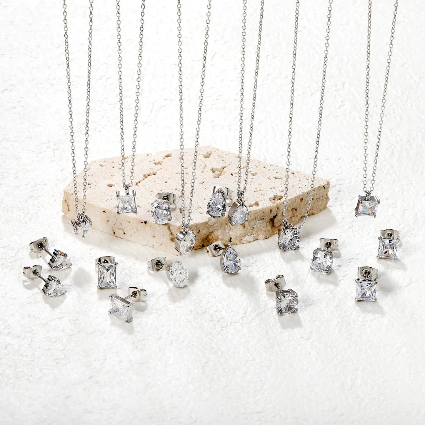 ✨ Wholesale Stainless Steel Zirconia Earrings & Pendant Sets | Teardrop/Heart/Round/Square/Oval/Rectangle Shape | 40cm+5cm Chain with Lobster Claw