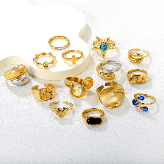 ✨ 18K Gold Plated Adjust Size With Premium Zircon/Natural Resins Ring Wholesale (MOQ 12+) | Stainless Steel Hypoallergenic Bands 🌍 | Stackable & Statement Rings