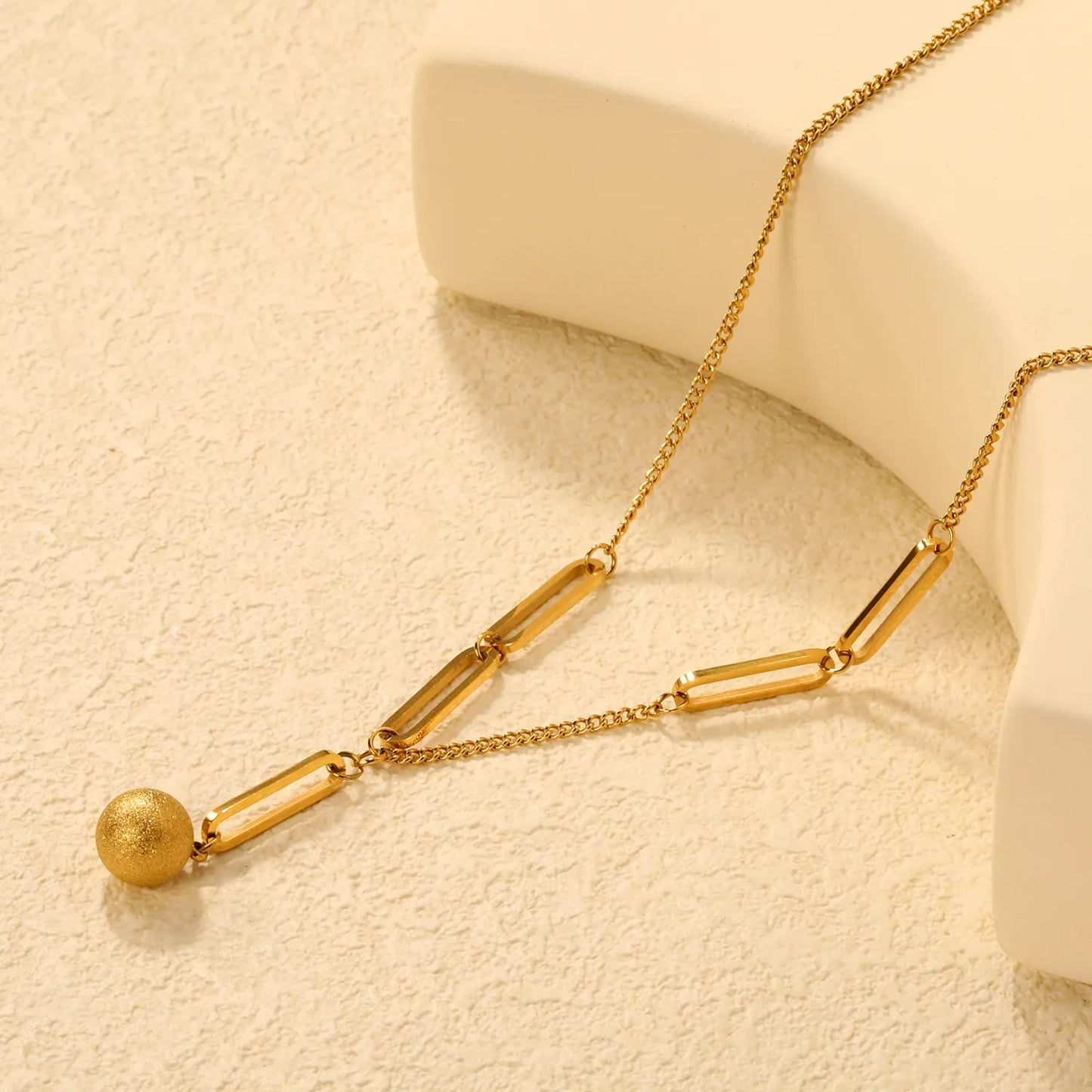 ✨Wholesale Paperclip Chain Necklace: 10mm Sand Bead Pendant + 40+5cm Adjustable | Steel/Gold Stainless Steel Bulk Jewelry