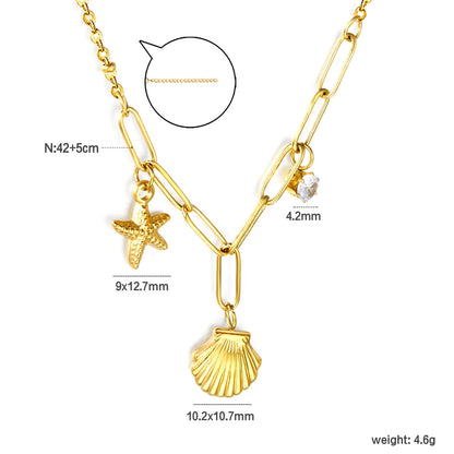 🌟 Wholesale Shell & Starfish Layered Chain Necklace | 42+5cm +10x3cm Ext | Steel/Gold