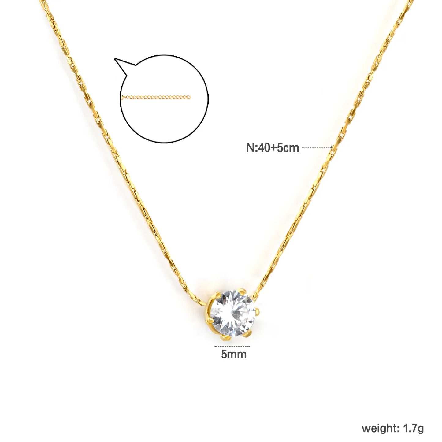 ✨ 5mm Six-Prong Diamond Pendant Necklace 40+5cm Stainless Steel Chain | Simulated White Diamond | Silver/Gold Minimalist Jewelry | Wholesale
