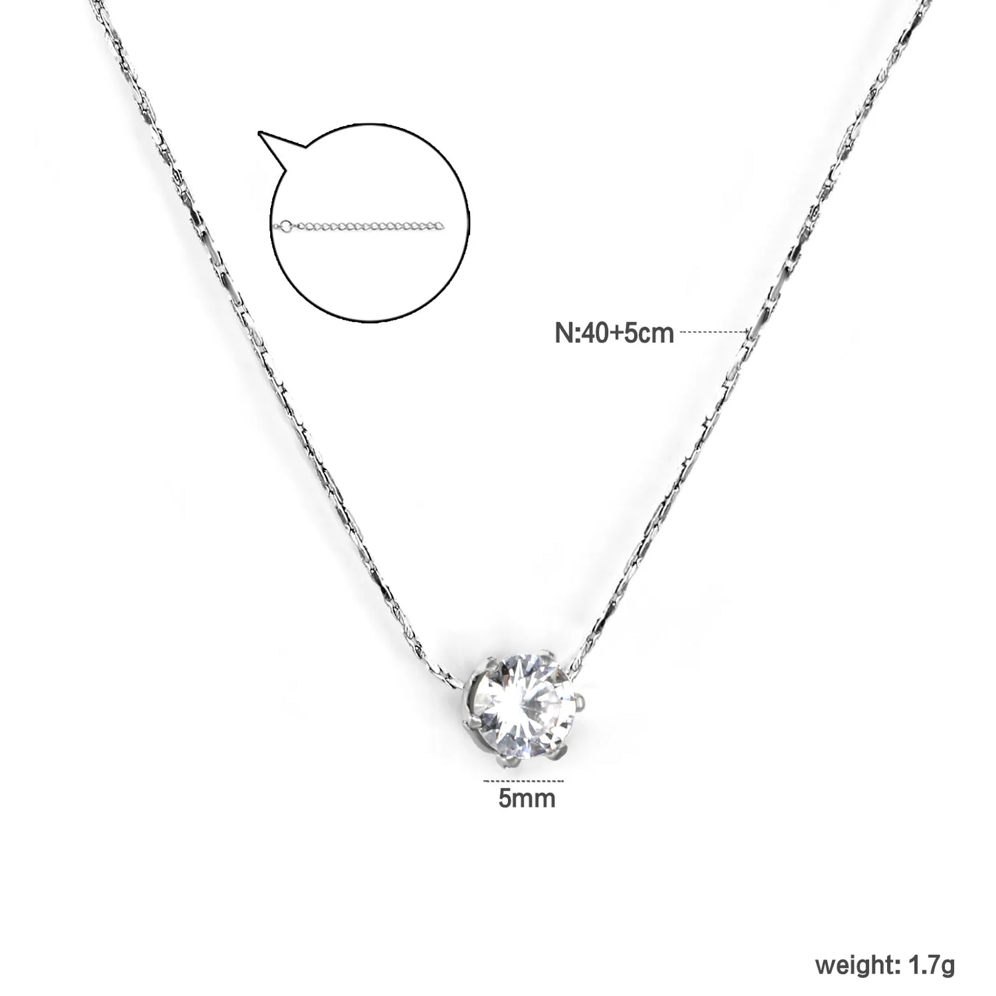 ✨ 5mm Six-Prong Diamond Pendant Necklace 40+5cm Stainless Steel Chain | Simulated White Diamond | Silver/Gold Minimalist Jewelry | Wholesale