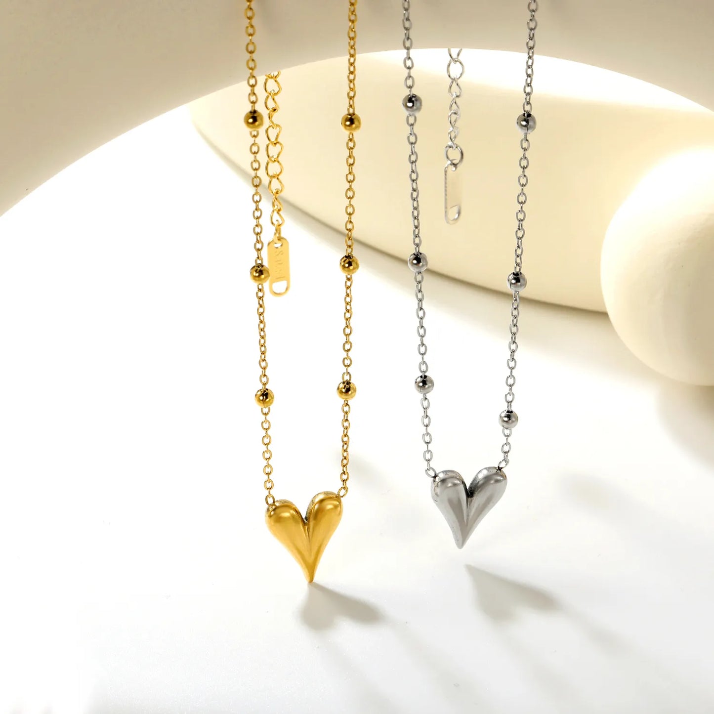 ✨ Wholesale 12x14.3mm Heart Pendant Necklace w/ 11.2x3.7mm Rectangular End Tag | Stainless Steel/Gold | 42+5cm Chain