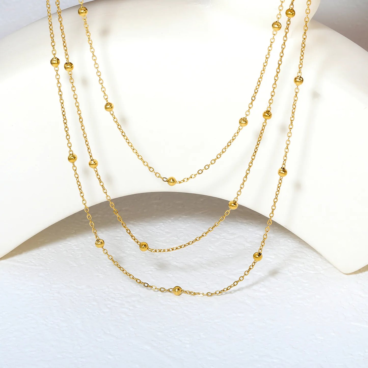 ✨ Wholesale Gold Stainless Steel Beaded Sweater Chain | 3mm Round Bead Snake Chain 40+45+50cm Lengths | 5cm Extender & 6mm Lobster Clasp