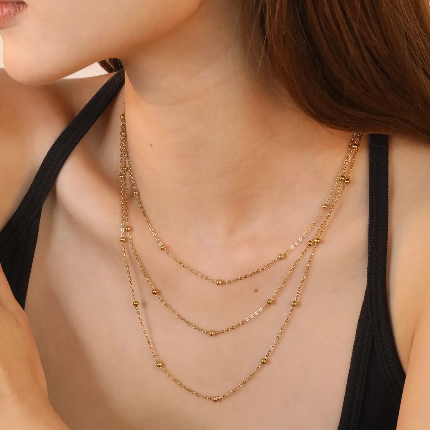 ✨ Wholesale Gold Stainless Steel Beaded Sweater Chain | 3mm Round Bead Snake Chain 40+45+50cm Lengths | 5cm Extender & 6mm Lobster Clasp