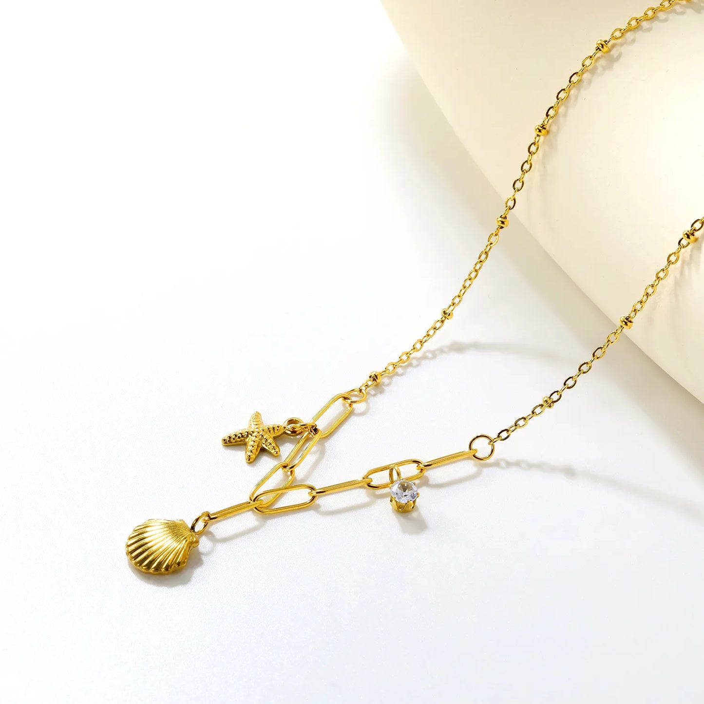 🌟 Wholesale Shell & Starfish Layered Chain Necklace | 42+5cm +10x3cm Ext | Steel/Gold