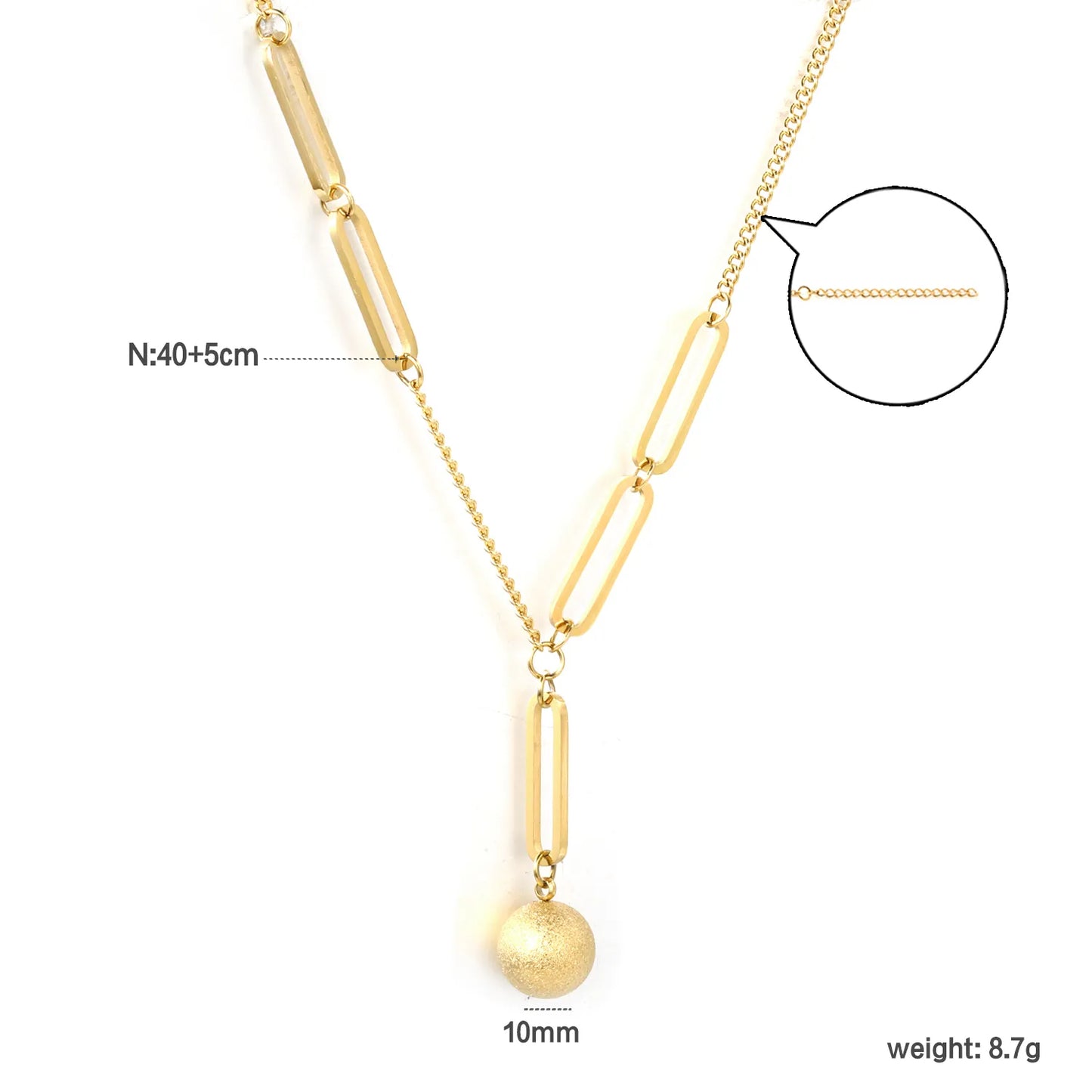 ✨Wholesale Paperclip Chain Necklace: 10mm Sand Bead Pendant + 40+5cm Adjustable | Steel/Gold Stainless Steel Bulk Jewelry