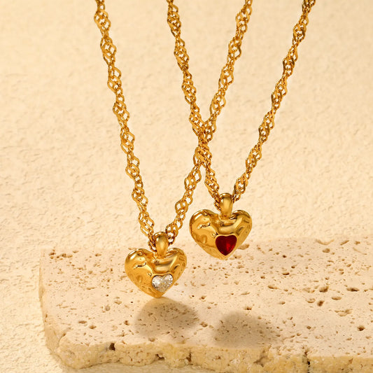 ✨Wholesale Gold Lava Heart Necklace: 15.6*20mm White/Red Crystal Pendant + 3mm Ripple Chain 40+5cm | Stainless Steel Jewelry Bulk