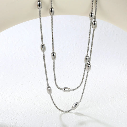✨ Wholesale Double Snake Chain Necklace w/ 4x7mm Oval Beads & 6mm Round Tag | 120+5cm | Stainless Steel/Gold