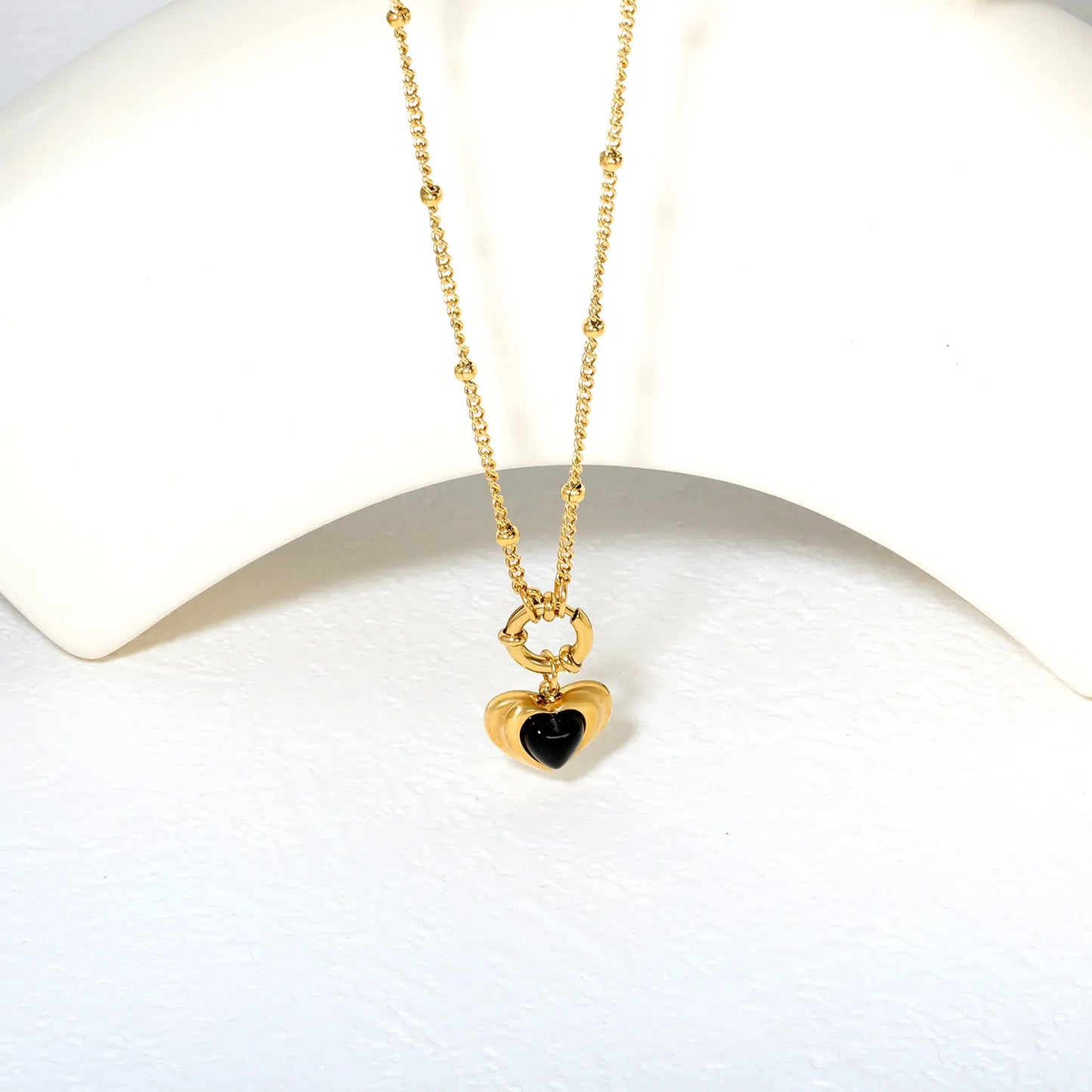✨ Wholesale Gold Stainless Steel Black Onyx Heart Necklace | 2.0mm Side Ball Chain 40cm | Elegant Minimalist Design