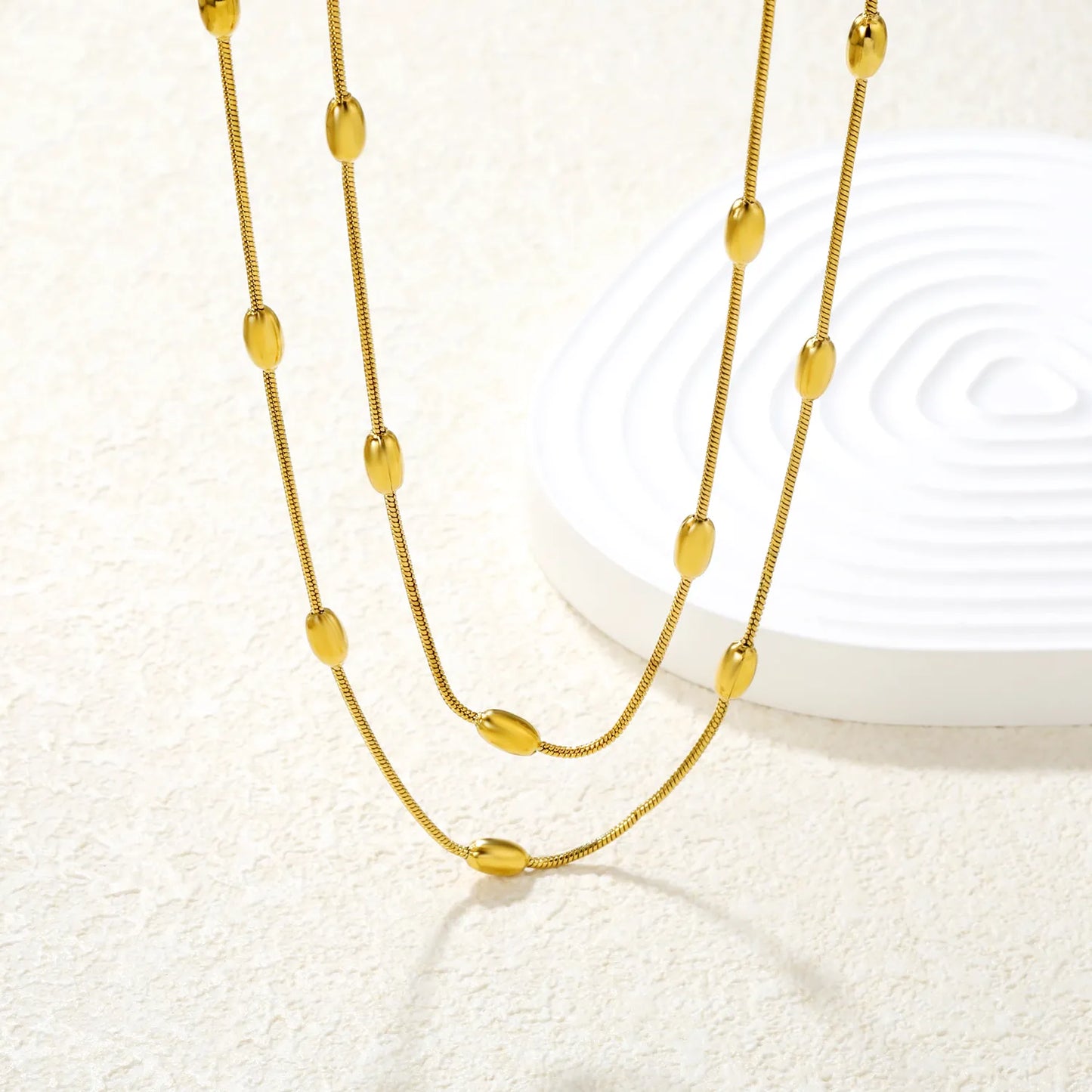 ✨ Wholesale Double Snake Chain Necklace w/ 4x7mm Oval Beads & 6mm Round Tag | 120+5cm | Stainless Steel/Gold