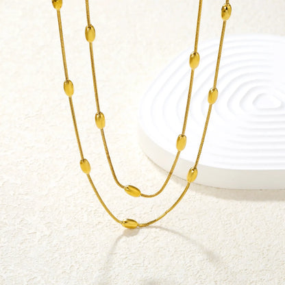 ✨ Wholesale Double Snake Chain Necklace w/ 4x7mm Oval Beads & 6mm Round Tag | 120+5cm | Stainless Steel/Gold