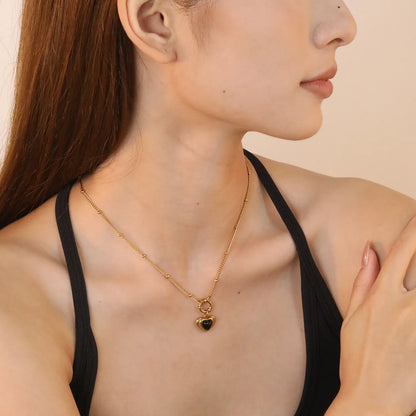 ✨ Wholesale Gold Stainless Steel Black Onyx Heart Necklace | 2.0mm Side Ball Chain 40cm | Elegant Minimalist Design