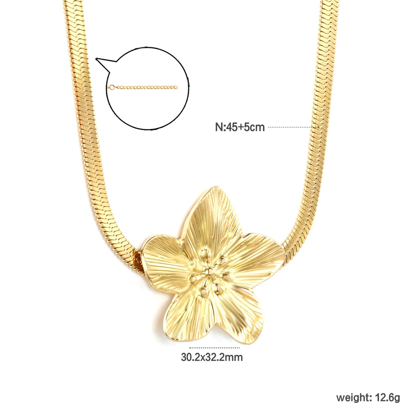 🌸 Wholesale 30.2x32.2mm Floral Pendant Necklace | 4mm Snake Chain 45+5cm | Steel/Gold