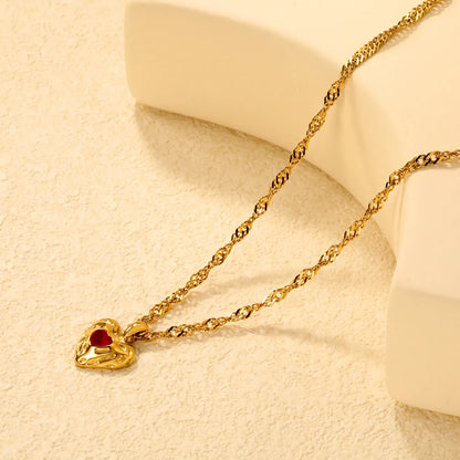 ✨Wholesale Gold Lava Heart Necklace: 15.6*20mm White/Red Crystal Pendant + 3mm Ripple Chain 40+5cm | Stainless Steel Jewelry Bulk
