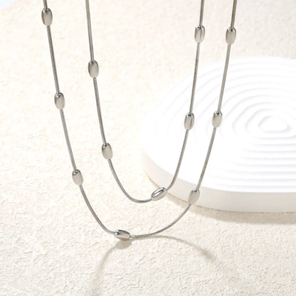 ✨ Wholesale Double Snake Chain Necklace w/ 4x7mm Oval Beads & 6mm Round Tag | 120+5cm | Stainless Steel/Gold