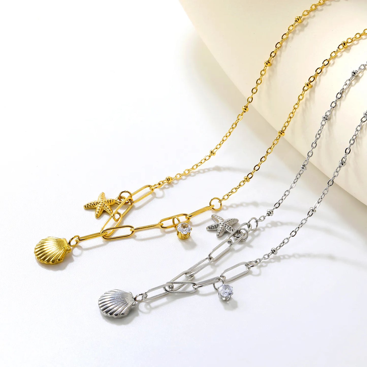 🌟 Wholesale Shell & Starfish Layered Chain Necklace | 42+5cm +10x3cm Ext | Steel/Gold