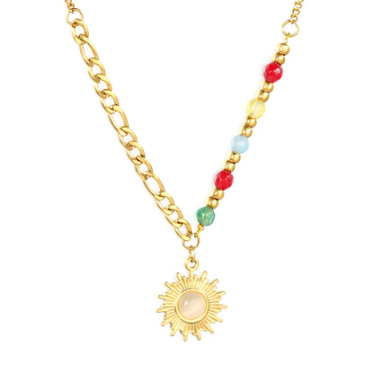☀️Wholesale Gold Sun Pendant Necklace: 16.3mm Sun Charm + 4.3mm Natural Stones | 3mm Steel Beads 40+5cm Chain | Stainless Steel Bulk Jewelry