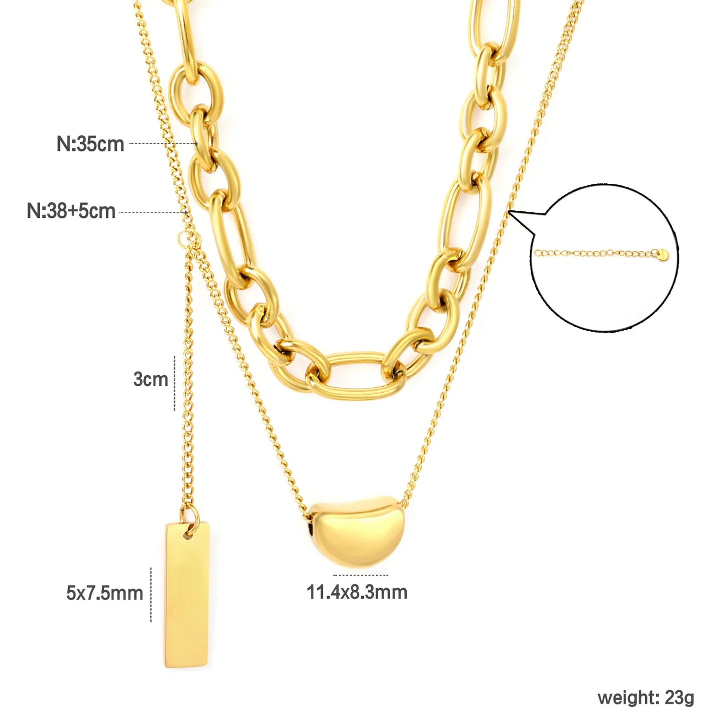 ✨ Wholesale Gold/Steel Color Dual Layer Necklace | 11*8mm Candy Bead & 5*7.5mm Rectangle Pendant | 1.3mm Oval Chain 35cm + 0.4mm Side Chain 38+3cm | 5cm Extender & 6mm Lobster Clasp